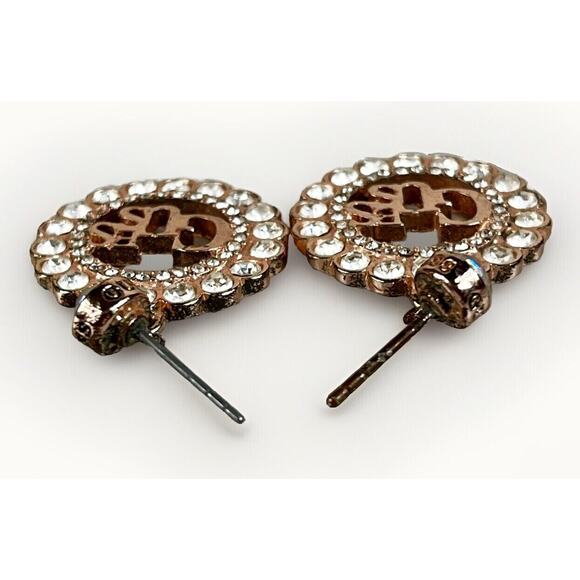 GUESS Women Rose Gold Tone Round Crystals LOGO Design Earrings- Dangle Drop Pair - Picture 5 of 8